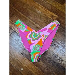 Bingo Surf Womens 3X Retro Floral V-Front High Cut Bikini Bottoms Pink Orange